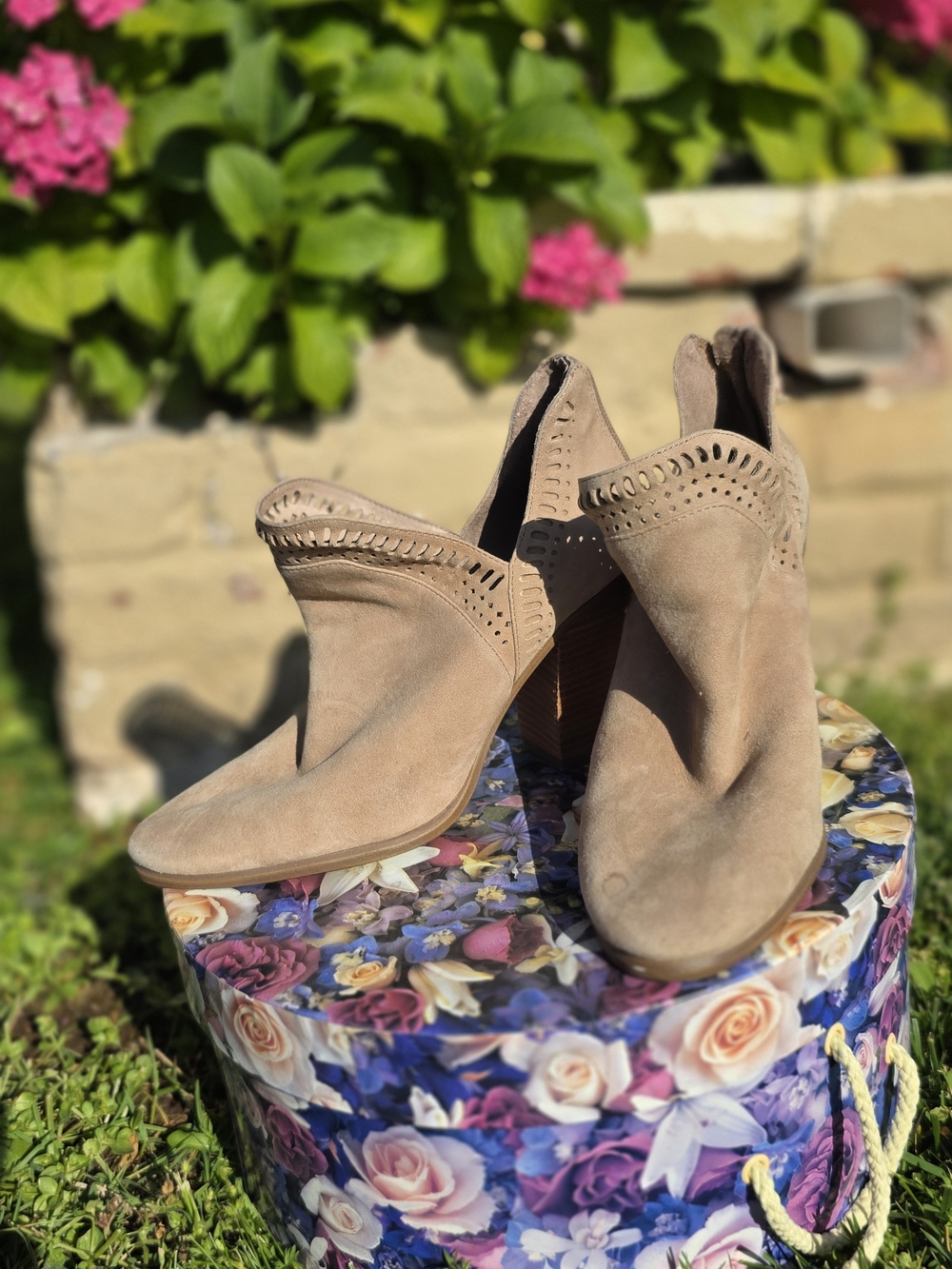 Vince Camuto Taupe Suede Cutout Ankle Booties